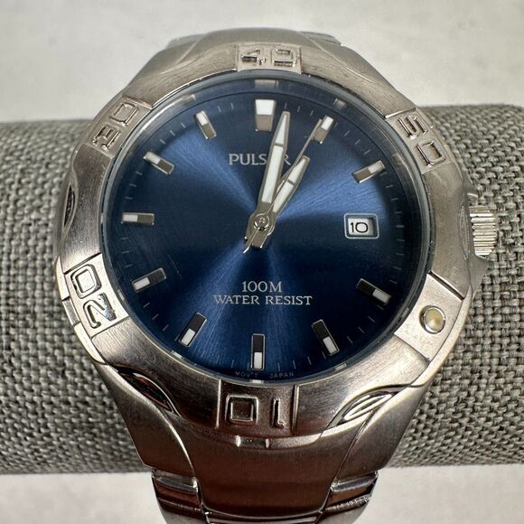 Pulsar Watch Mens 38mm Date Blue Dial Silver Tone 8" Rotating Bezel New Battery - Picture 4 of 10